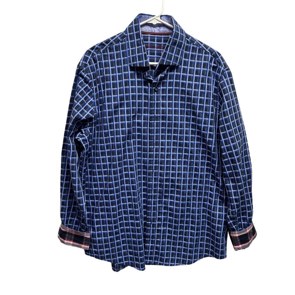 Tasso Elba‎ Shirt Mens L Purple Flip Cuff Button Up Plaid Cotton Dress Preppy